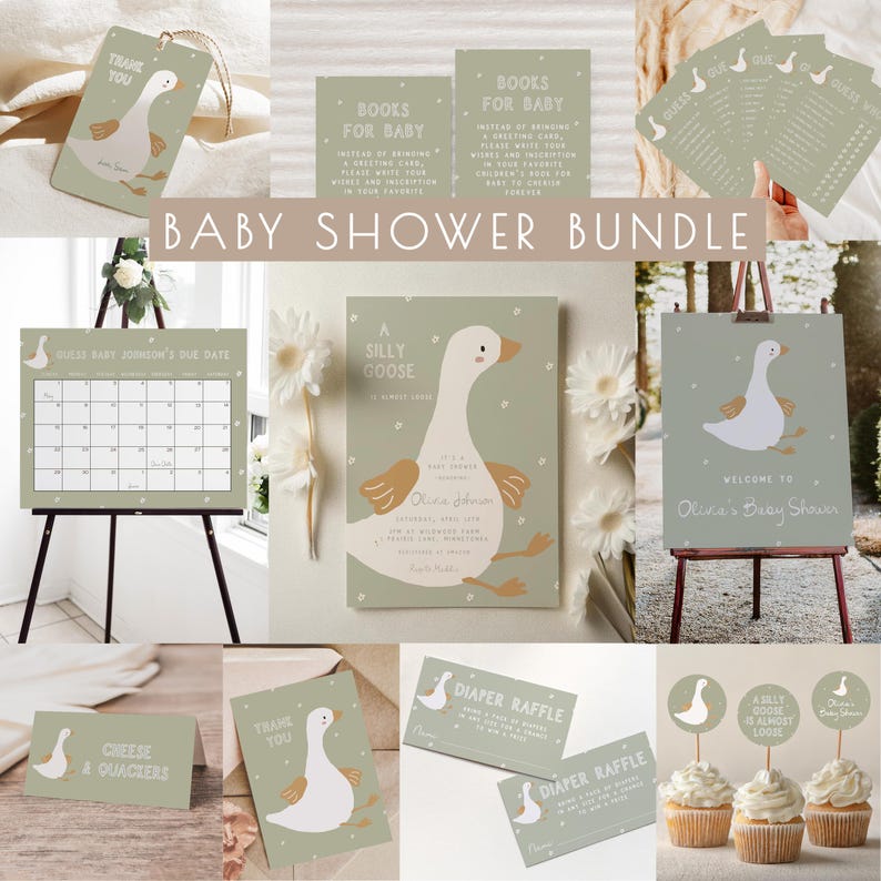 Pu&ograve; includere: Un set per baby shower con un design di oca stravagante in verde tenue e bianco. Include inviti, un calendario, biglietti di ringraziamento, biglietti della lotteria per pannolini e decorazioni per cupcake. Il testo "Baby Shower Bundle" &egrave; ben visibile.