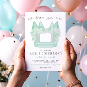 Bounce House Birthday Invitation | Green Gender Neutral Bounce, Jump and Play Outdoor Bouncy Castle Bday Party Invite Editable Template