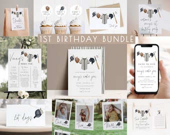 Baseball 1st Birthday Bundle Editable Template Set | Rookie Year Baseball First Birthday Invite Decoration Package S244