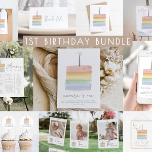 Girl 1st Birthday Bundle Template Set | Rainbow Cake First Birthday Editable Invite & Decor Package S214
