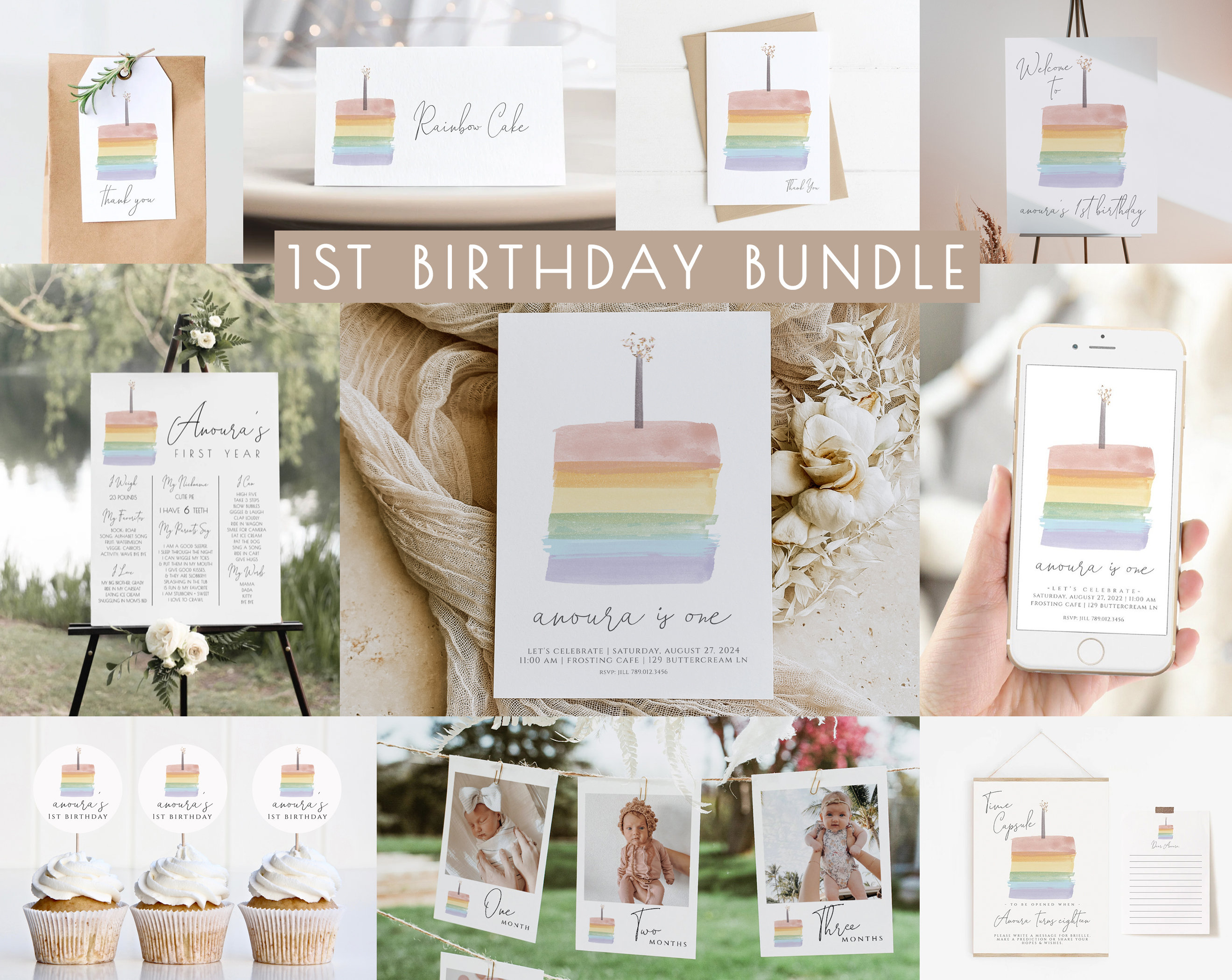 Pastel Rainbow Birthday Invitation Bundle, Pastel 1st Birthday