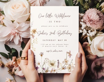 Wildflower 2nd Birthday Invitation Template for Girl | Editable Our Little Wild Flower is TWO Second Birthday Party Floral Invite S457