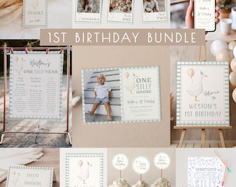 One Silly Goose Birthday Template Bundle | Editable Goose Invitation & Decor 1st Birthday Templates for Boy First Birthday Package S712