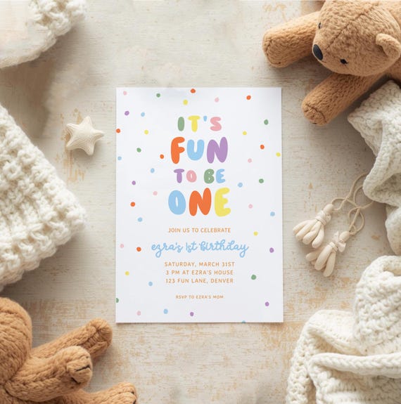 Fun to be One Birthday Invitation Template - Editable 1st Birthday Theme Party Invite - (Digital Download) S987