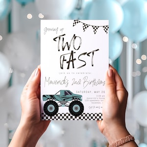 Monster Truck 2nd Birthday Invitation Template | Editable Two Fast Monster Truck Birthday Invite S816