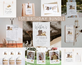 1st Rodeo Birthday Bundle Editable Invitation Template Set | Cowboy Western First Rodeo Birthday Decor Package S229