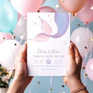 Editable Mermaid Birthday Invitation Template | Under the Sea Mermaid Invite Girl Birthday Party Invite | Pool Party S250