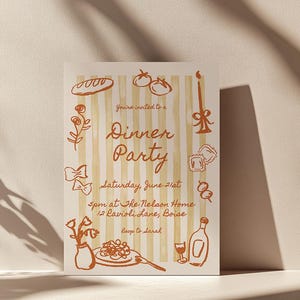 Modello di invito per cena / Invito per cena di compleanno con pasta e pomodoro a tema italiano disegnato a mano modificabile S821