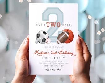 Born 2 Ball Invitation for Boy Editable 2nd Birthday Template | Let's Have a Ball All Star Printable Invite Born TWO Ball S628