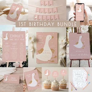 One Silly Goose Birthday Template Bundle for Girl | Editable Goose 1st Birthday Invitation & Decor First Birthday Package S825