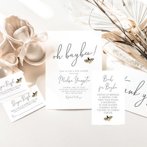 Editable Bee Baby Shower Bundle Templates | Oh BayBee Gender Neutral Baby Shower Invitation Package Set S102