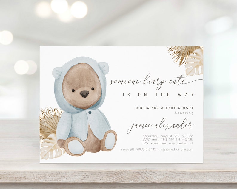 Boy Bear Baby Shower Invitation We Can Bearly Wait Blue Etsy