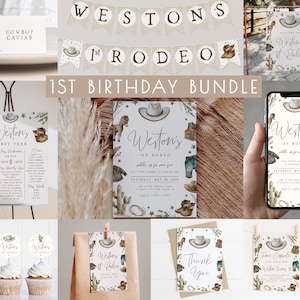 1st Rodeo Birthday Bundle Editable Template Set | Little Cowboy is One Invitation | Western First Rodeo Birthday Decor Package S473