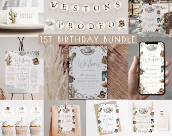 1st Rodeo Birthday Bundle Editable Template Set | Little Cowboy is One Invitation | Western First Rodeo Birthday Decor Package S473