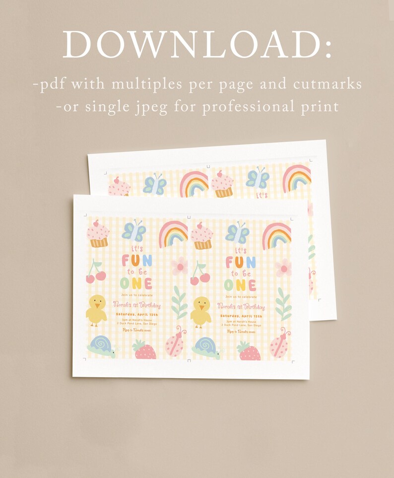 May include: Two white cards with a colorful design for a first birthday party. The design includes rainbows, cupcakes, butterflies, and the text "It's Fun to be One". The cards have a yellow checkered background.