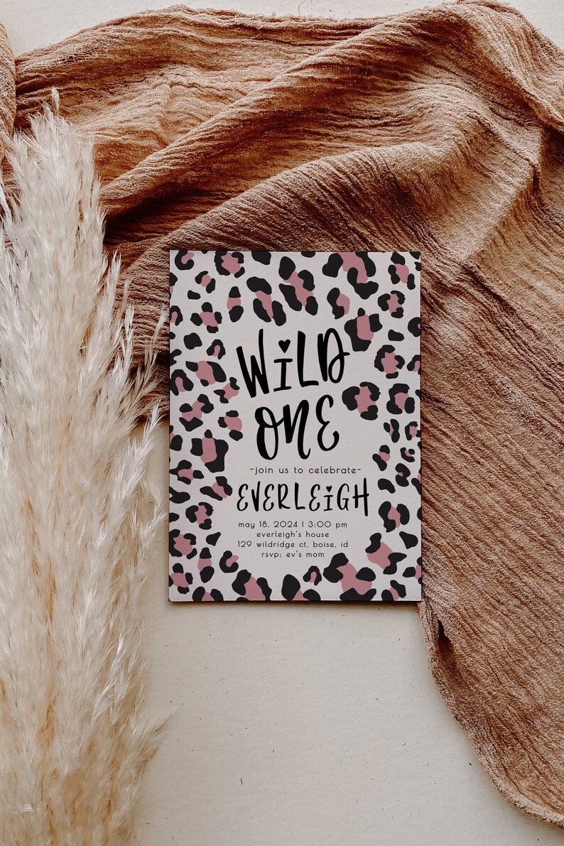 Wild One Girl 1st Birthday Invitation | Pink Leopard Birthday Invitation Editable Template | First Bday Invite Safari Cheetah Invite S242 image 6