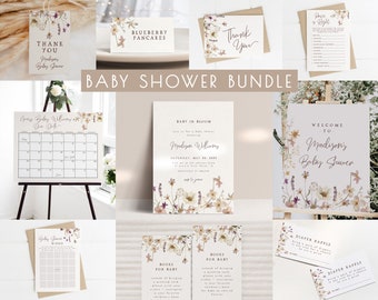 Wildflower Baby Shower Bundle for Girl Editable Template | Little Wildflower Baby Sprinkle Invitation, Game and Decor Package Set S457