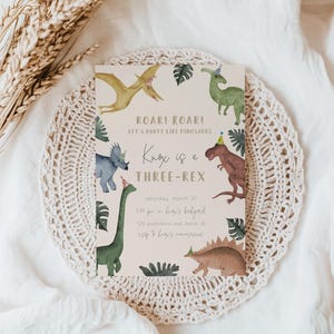 Dinosaur 3rd Birthday Invitation - Editable Three Rex Invite Template - Roar Boy Muted Dino Birthday Party S599 image 7