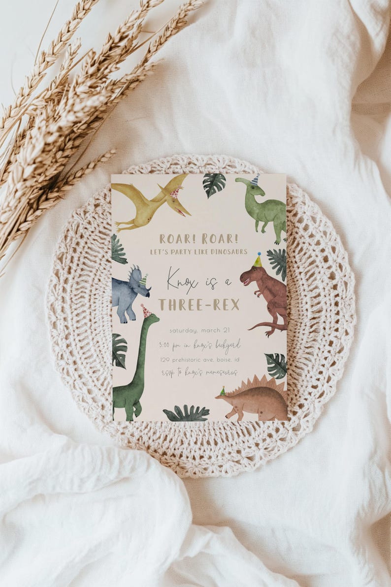 Dinosaur 3rd Birthday Invitation - Editable Three Rex Invite Template - Roar Boy Muted Dino Birthday Party S599 image 7