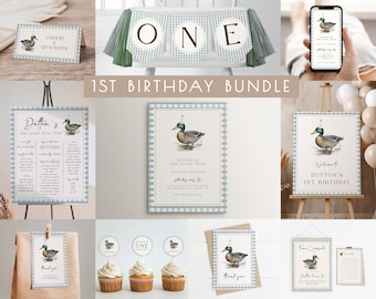 One Lucky Duck Birthday Bundle | Editable Duck Invitation & Decoration 1st Birthday Templates for Boy First Birthday Package S557