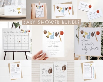 Sports Baby Shower Bundle Editable Invitation, Games and Decor | A Little All Star is on His Way Boy Baby Shower Template Package Set S290