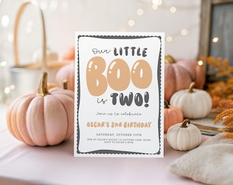 Plantilla de invitación de cumpleaños "Nuestro pequeño Boo cumple dos años" / Invitación de Halloween de otoño editable DIY para el segundo cumpleaños, descarga S914