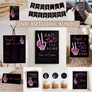 Bad Two the Bone 2nd Birthday Bundle Template | Editable Pink Girl Second Birthday Party Package Skeleton Peace Hand S609