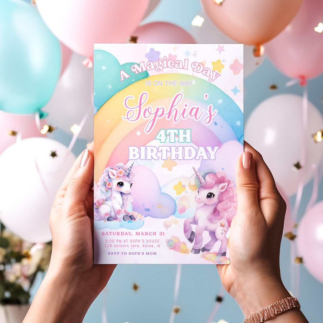 Editable Unicorn Birthday Invitation Template | Rainbow Unicorns Girl Birthday Party Printable ...