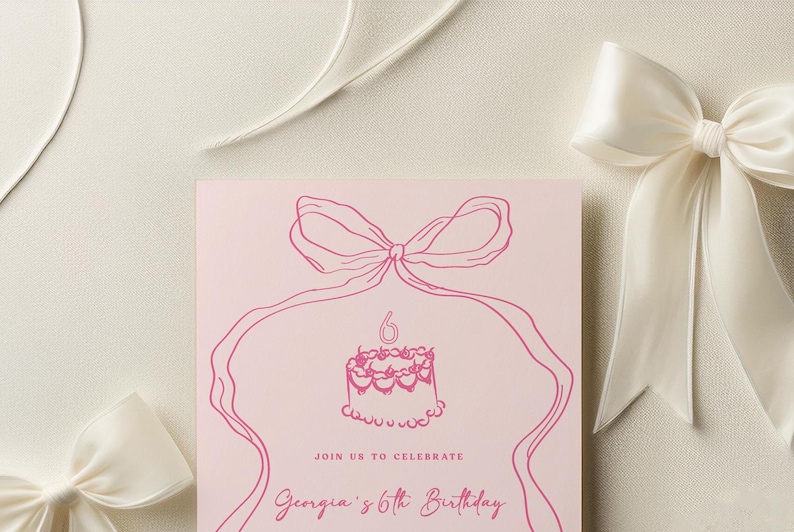 May include: Pink invitation with a pink ribbon design and the text "Join us to celebrate Georgia's 6th Birthday".