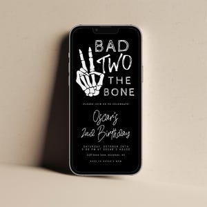 Bad Two the Bone Birthday Invitation Text - Editable Template - Fall Halloween Second Birthday E-Invite S366