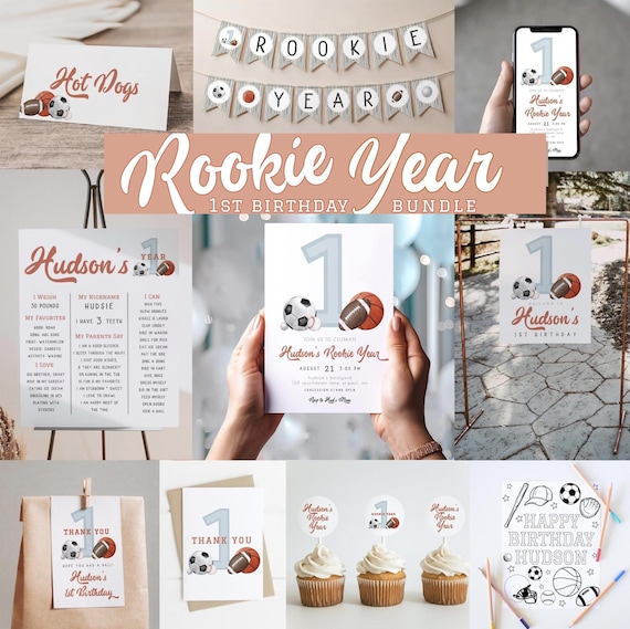 Rookie Year Birthday Bundle - Editable Sports 1st Birthday Package - Digital Download S628