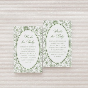 Zielone książki Chinoiserie dla niemowląt Szablon wkładki na baby shower | Edytowalna karta Toile de Jouy Bring a Book na baby shower S767
