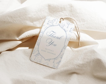 Toile Baby Shower Favor Tag Template | Editable Toile de Jouy Printable Gift Tag | Blue Baby Shower Digital Download Decor S806