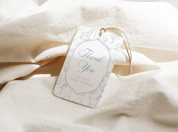 Toile Baby Shower Favor Tag Template | Editable Toile de Jouy Printable Gift Tag | Blue Baby Shower Digital Download Decor S806