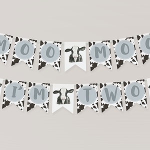 Moo Moo I&#39;m Two Banner Template | Editable Cow Boy 2nd Birthday Printable Pennant Sign Farm Second Bday Decor S414