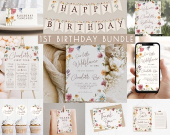 Paquete de plantillas editables para el primer cumpleaños de Wildflower / Invitación y decoración para el primer cumpleaños de nuestra pequeña flor silvestre S445