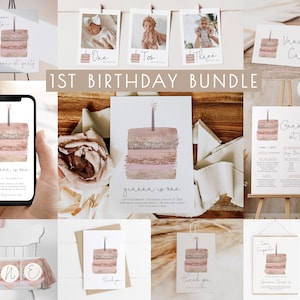 Pacchetto modello per il primo compleanno di una bambina / Invito e decorazioni per torta rosa cipria modificabili per il primo compleanno S171