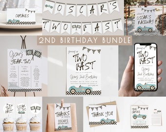 TWO Fast Birthday Bundle Editable Template Package | Race Car 2nd Birthday | Boy 2 Fast Second Birthday Decor Set S437