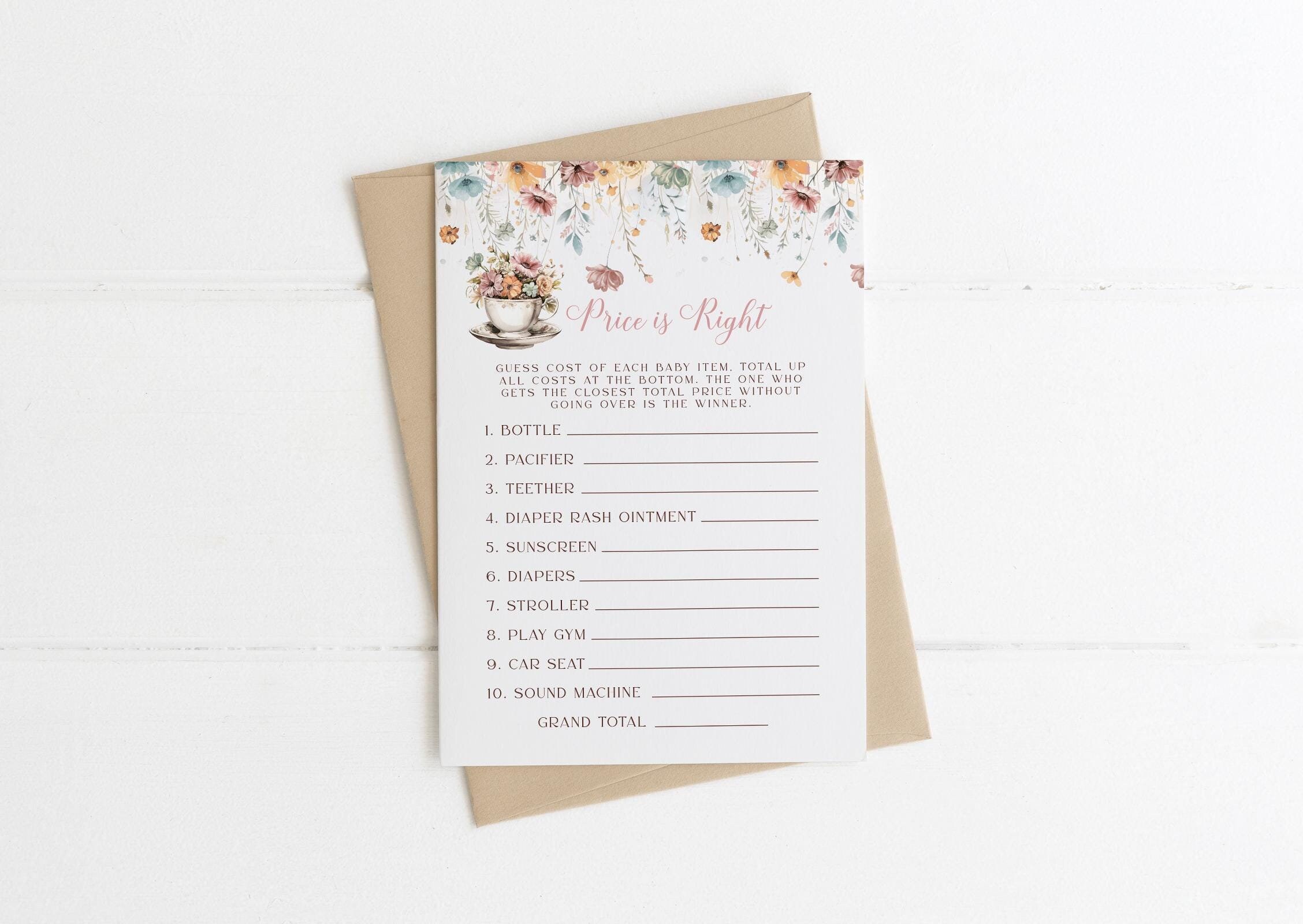 Editable Tea Party Price is Right Baby Shower Game Template | Games for A Baby is Brewing Shower S588