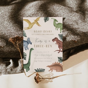 Dinosaur 3rd Birthday Invitation Template | Editable I&#39;m a Three Rex Boy Birthday Party Invite | Roar Roar 3-Rex Muted Dino Third Bday S230