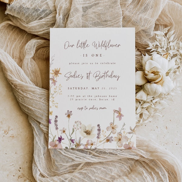 Wildblumen Geburtstagseinladung für Mädchen | Bearbeitbar Unsere kleine wilde Blume ist ein erster Geburtstag Blumen 1st Bday Invite S457