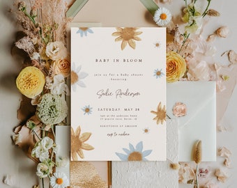 Sjabloon babyshower baby in bloei | Bewerkbare babyshower met wilde bloemen | Bloemenuitnodiging madeliefje S602
