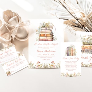 May include: A set of baby shower invitations with a book stack theme. The invitations feature a stack of books with flowers and a pink ribbon. The text on the invitations reads "A New Chapter Begins", "Olivia Anderson", "Sat 1 April 1 to 3 PM", and "Books for Baby".