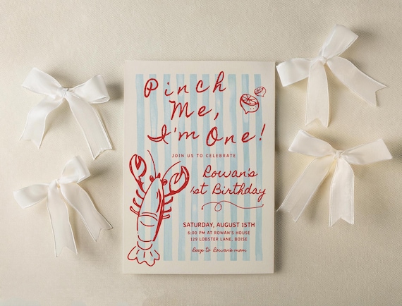 Lobster 1st Birthday Invitation Template - Pinch Me, I'm One | DIY Editable Hand Drawn Lobster First Birthday Party Invite S893