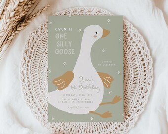 One Silly Goose Birthday Invitation -Editable Template | DIY Green One Silly Goose 1st Birthday Party Printable Invite S824