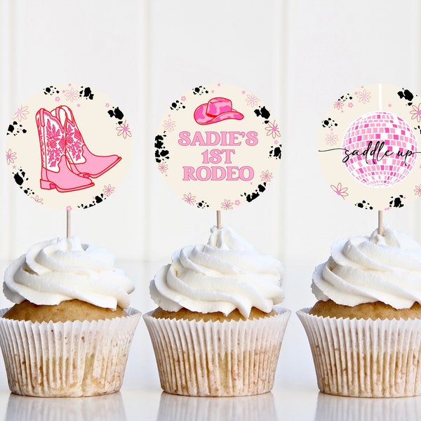 Cowgirl Cupcake Topper Template | Editable Disco Cowgirl 1st Rodeo Cupcake Decor | Western First Birthday Printable S536