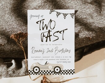 TWO Fast Birthday Invitation Template | Editable Vintage Race Car 2nd Birthday Invite | Beige Growing Up Two Fast Second Bday Invite S505