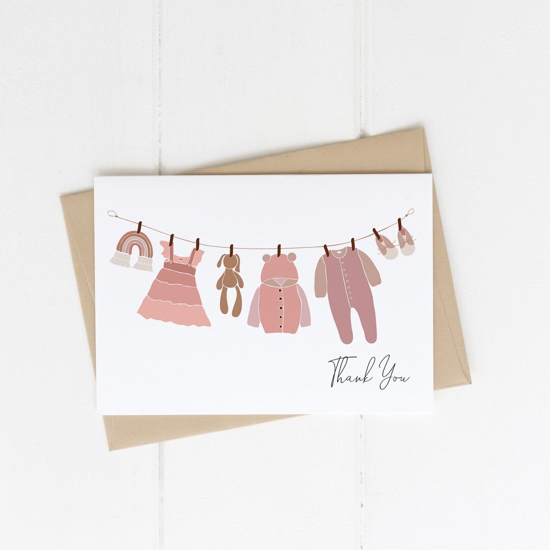 Girl Baby Shower Thank You Card Template Editable Pink Clothesline Baby