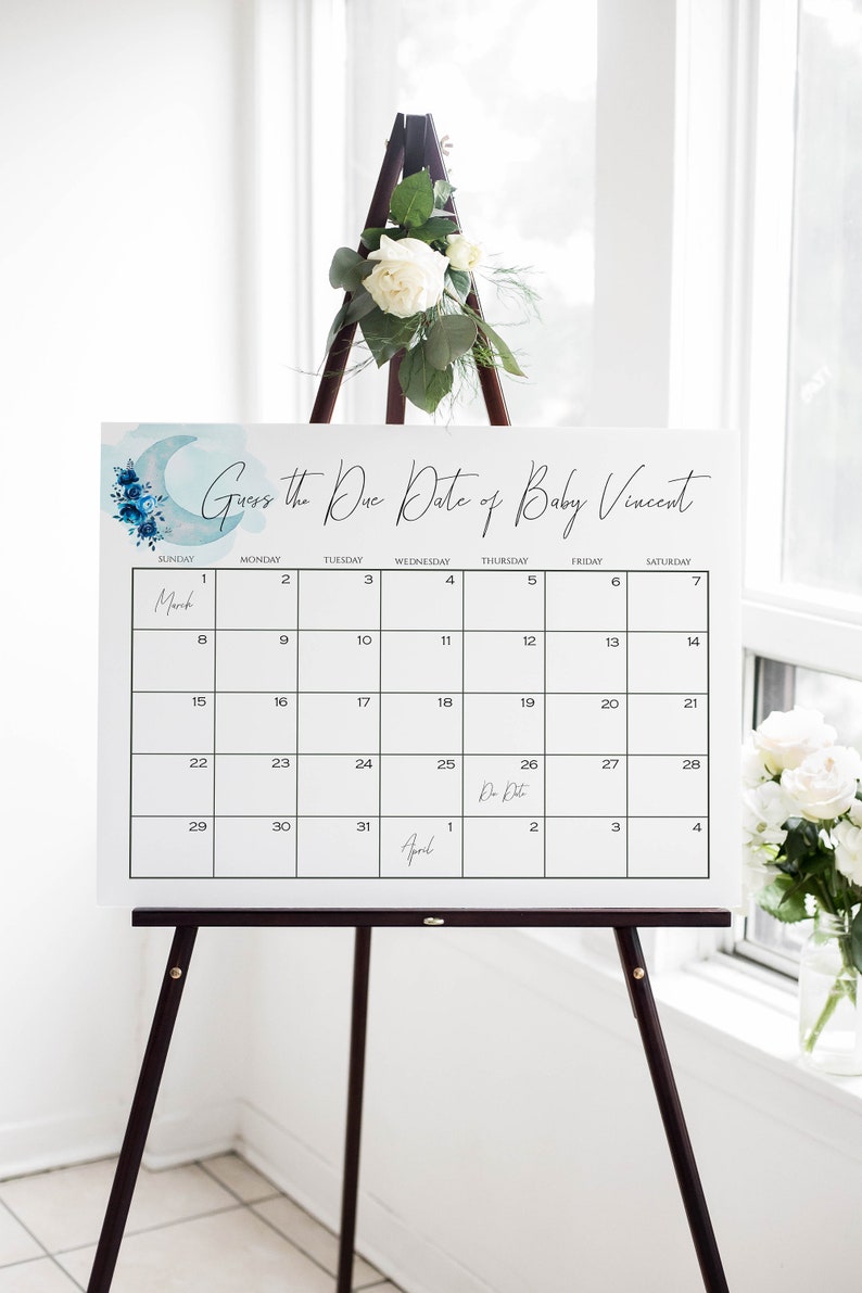 S121 Guess Baby/'s Due Date Calendar Baby Shower Sign Editable Template Instant Download Boy Over the Moon Baby Shower Game