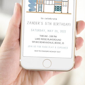 May include: A digital invitation for a 5th birthday party. The invitation features a cartoon illustration of a playground with a blue and brown color scheme. The text on the invitation reads "to celebrate ZANDER'S 5TH BIRTHDAY! SATURDAY, MAY 28, 2022 11:00 AM - 2:00 PM LAKE RIDGE PLAYGROUND 129 BIG BEAR AVENUE, BOISE, ID JOIN US FOR PARK PLAY & CUPCAKES RSVP TO ZANDER'S MOM BY TEXT"